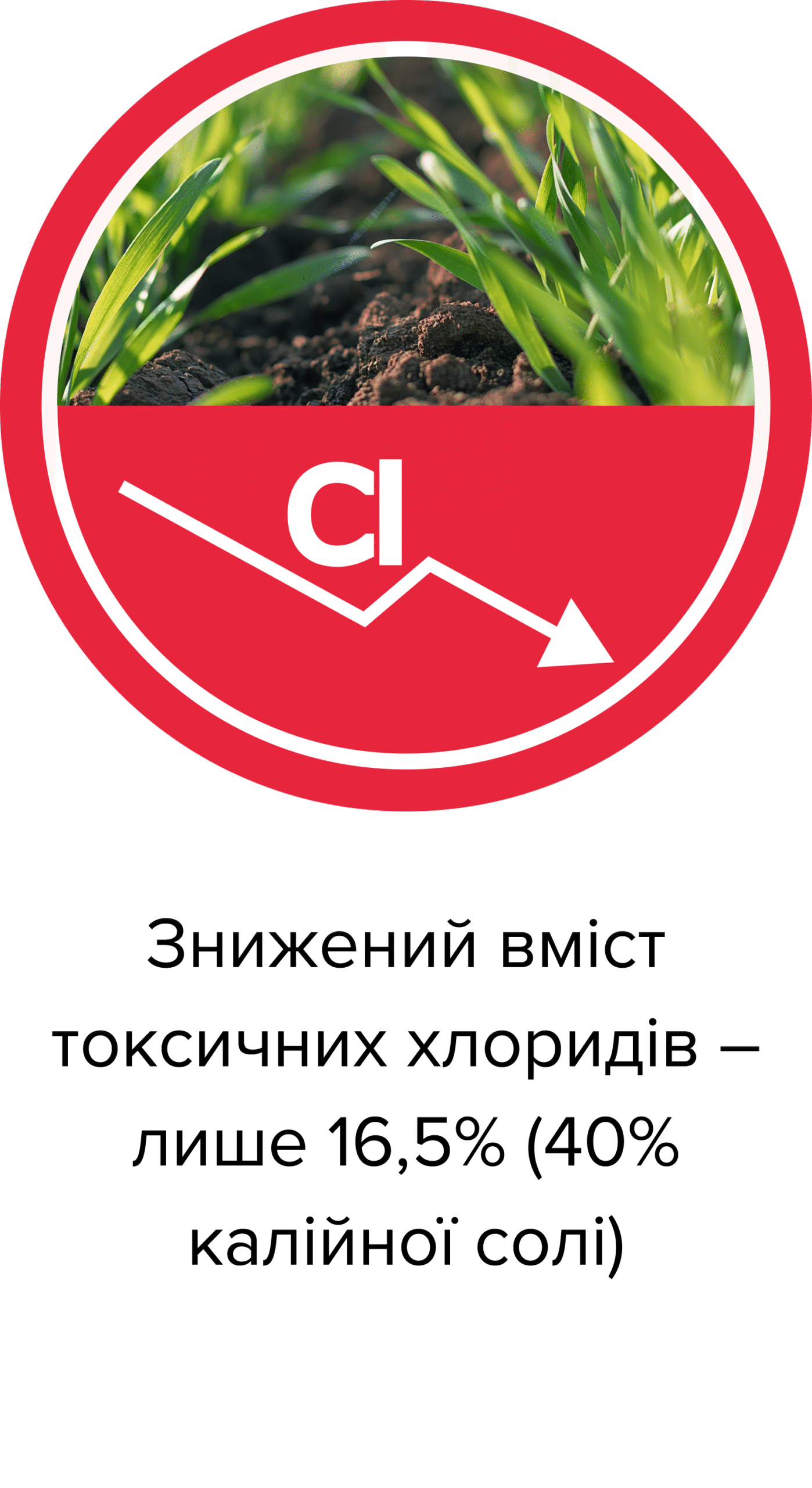 Знижений вміст токсичних хлоридів – лише 16,5% (40% калійної солі)